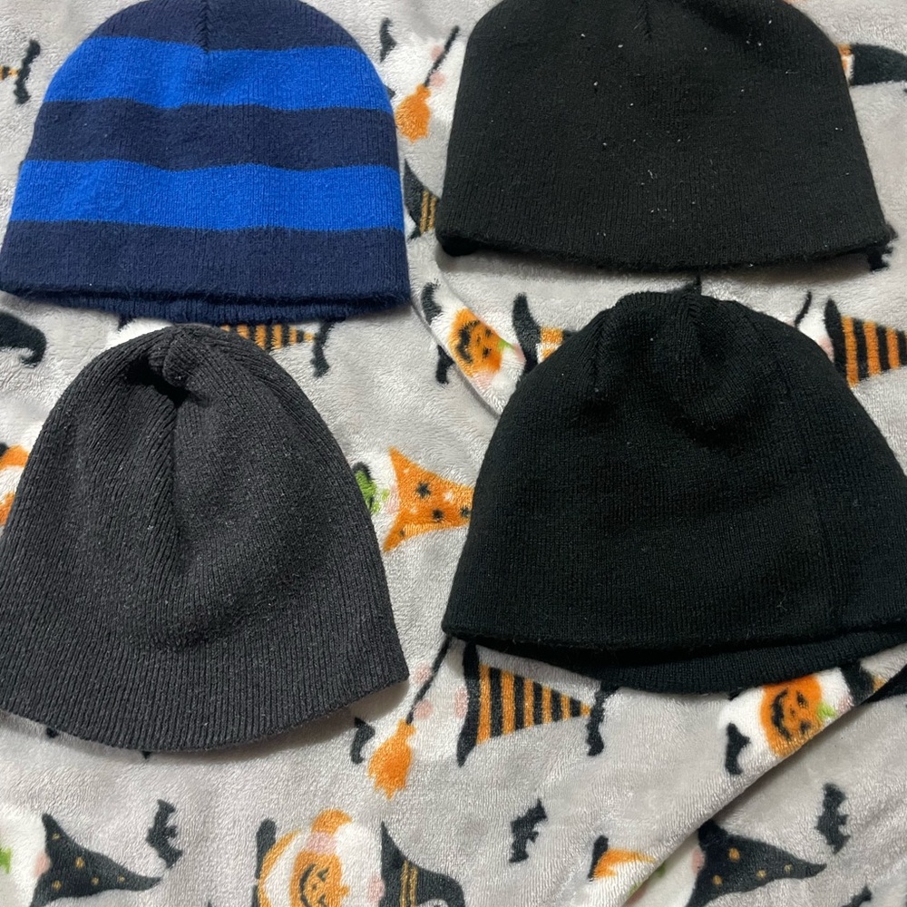 Set of Four Cozy Knit Beanies - Black, Blue, Gray